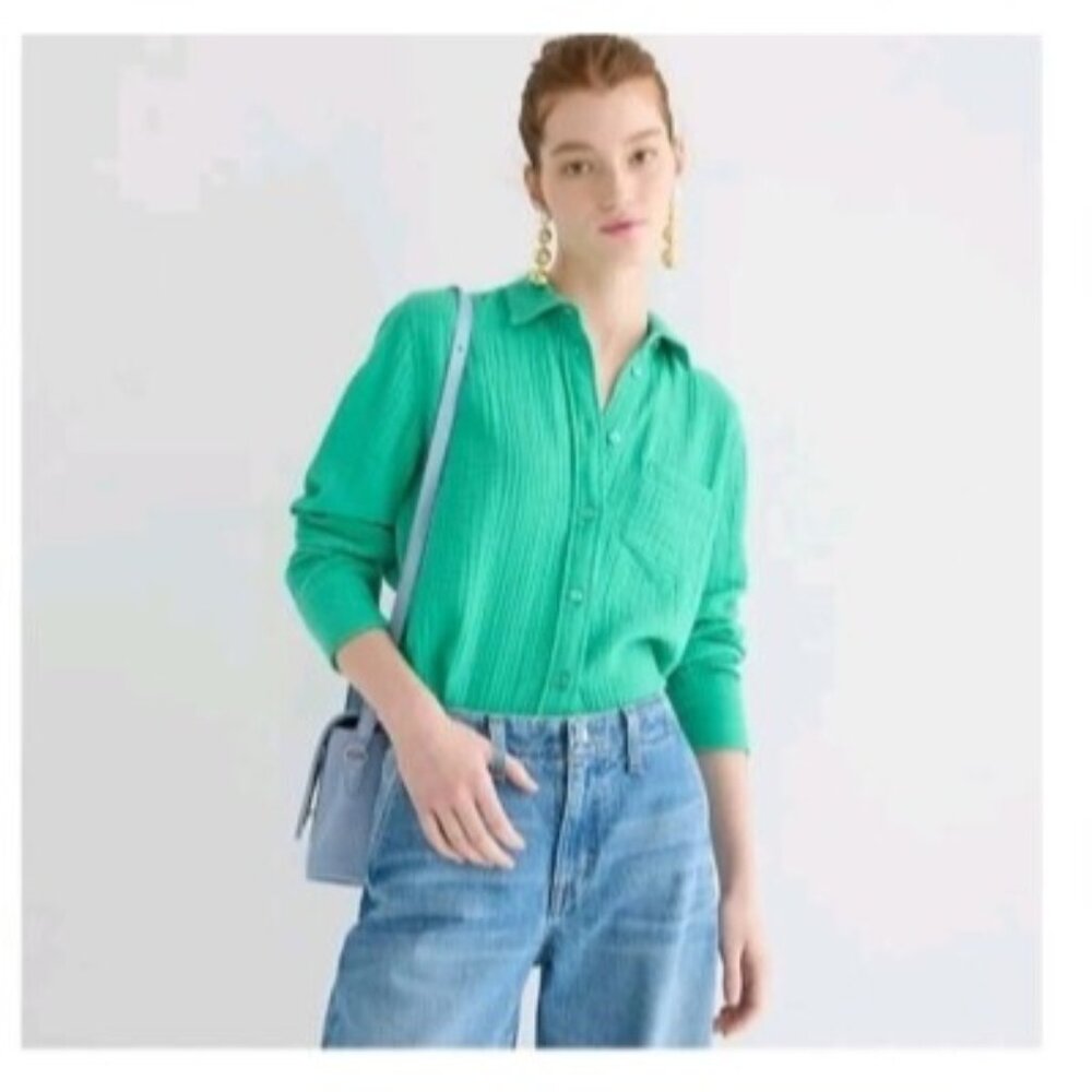 NWT J.Crew Green Crinkle Gauze Cotton Coastal Granddaughter Button Down Top XS - Picture 1 of 16